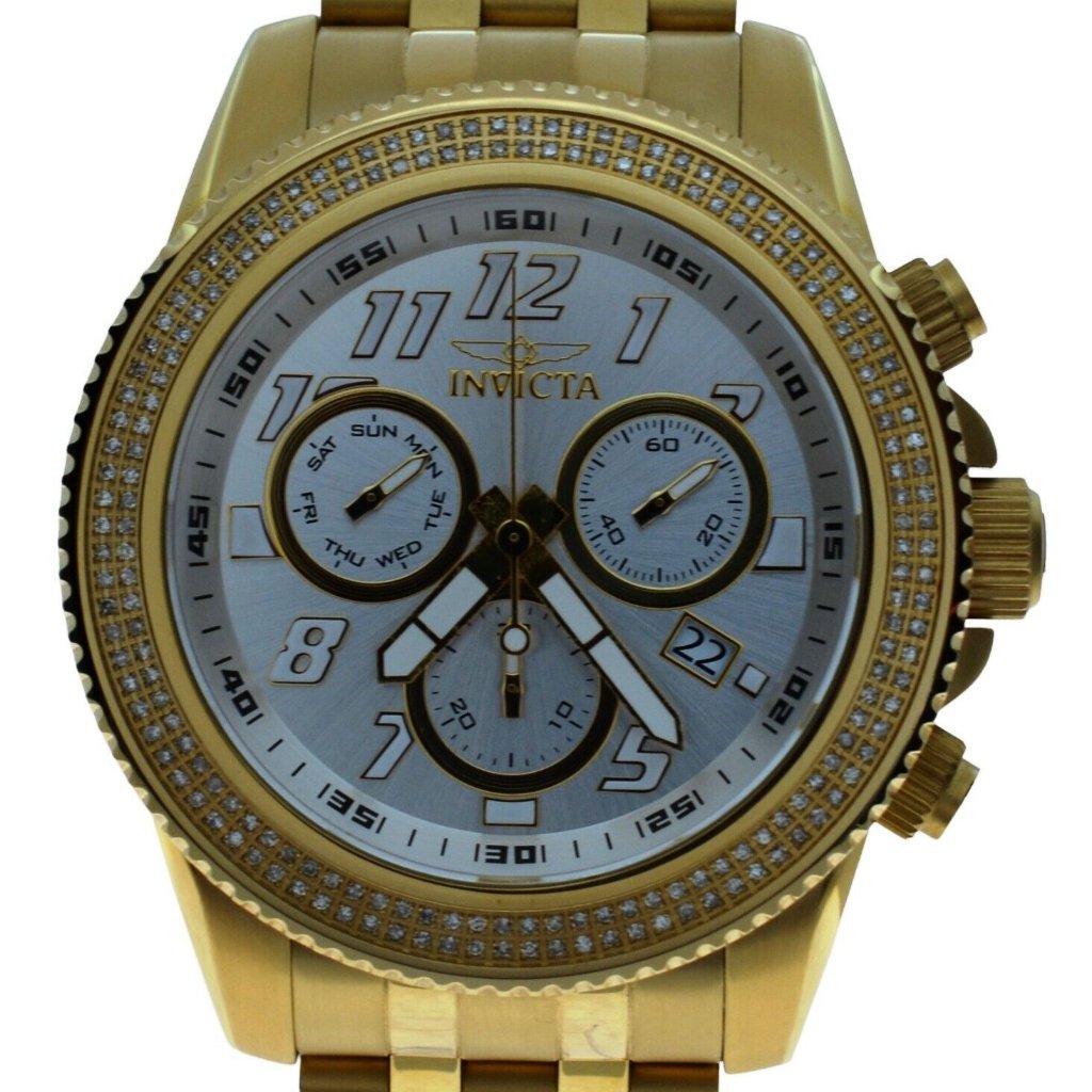 Mens 50mm Invicta Pro Diver Silver Dial Diamond Bezel Gold Tone Watch 16262